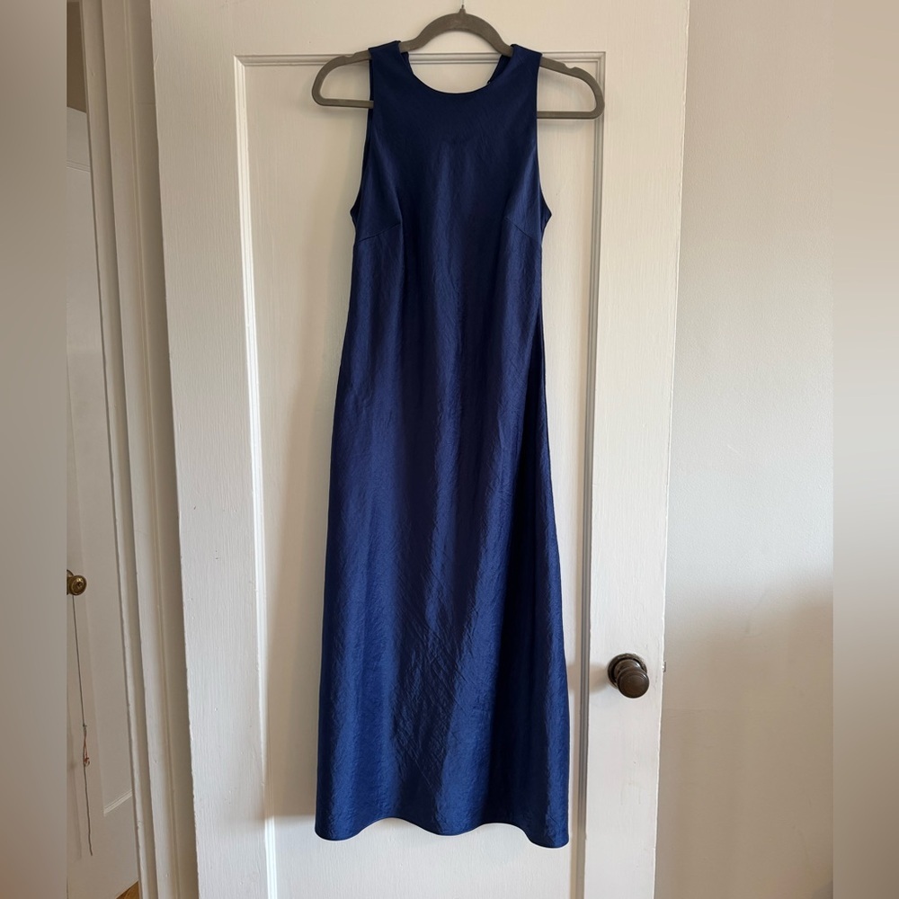 Madewell Deep Navy High-Neck Midi Dress - Textured Satin